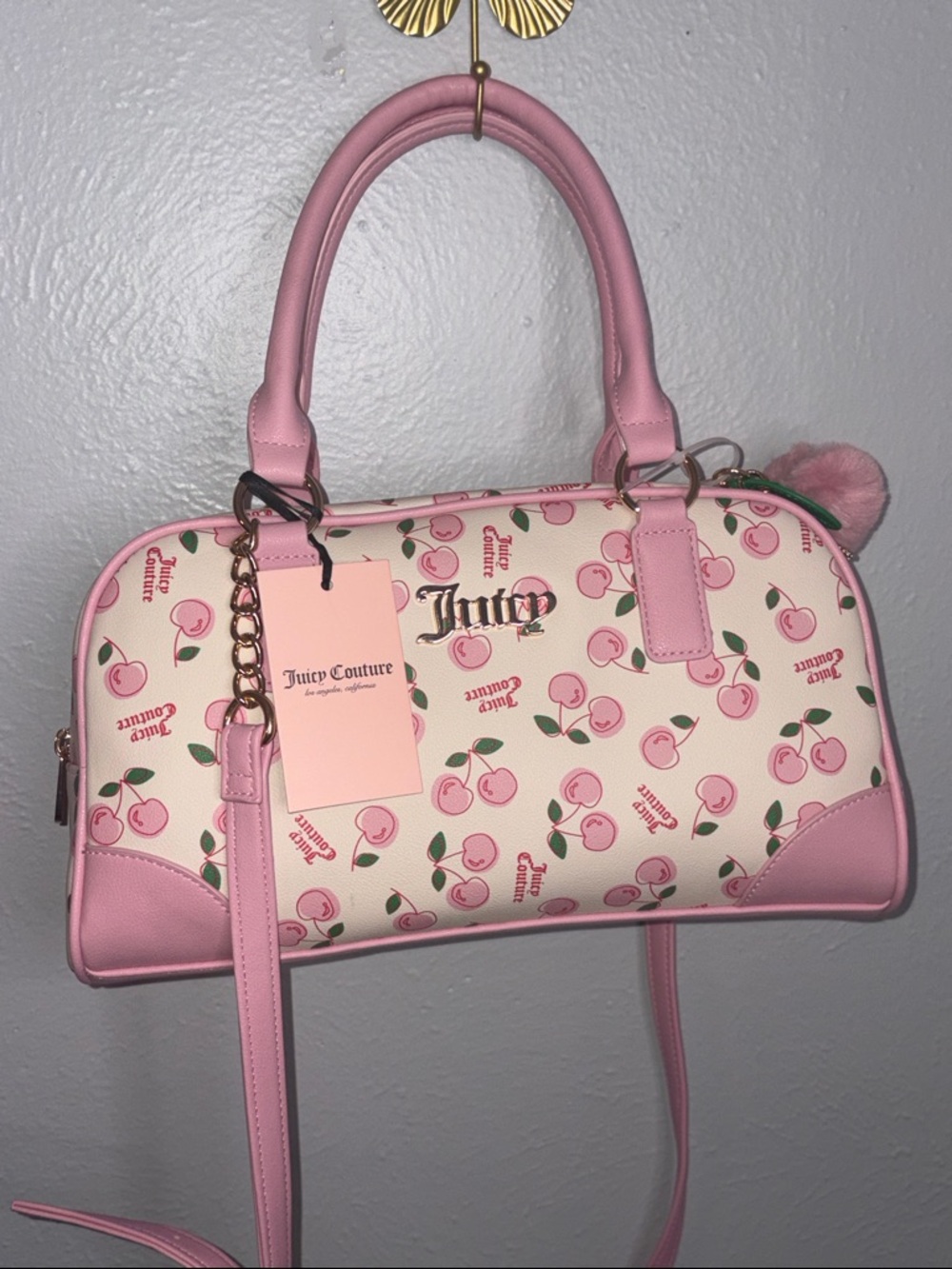 Juicy Couture Pink Cherry Print Satchel with Gold-Tone Logo